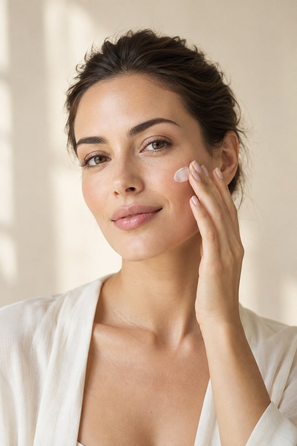 A quiet skincare moment, gently applying moisturizer